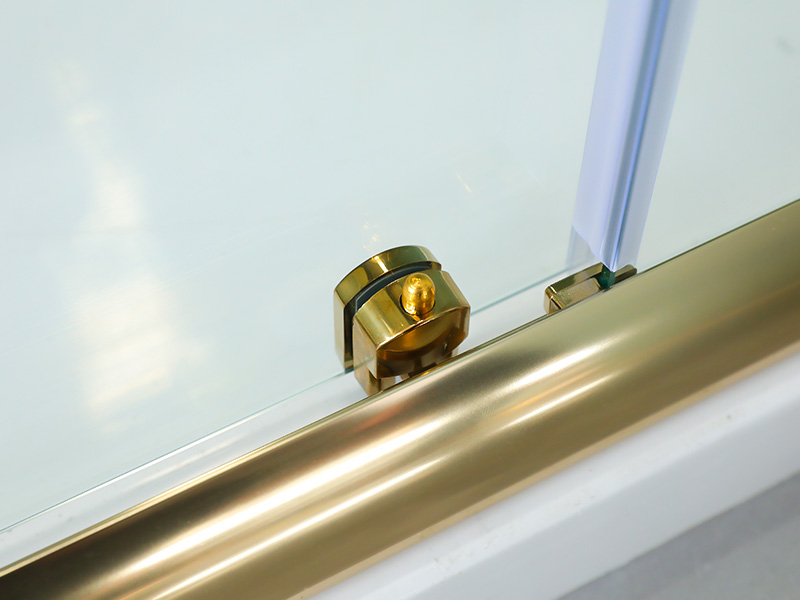 Penutup Pancuran Geser Persegi, Kaca Tempered Bening dengan Pencetakan, Profil Aluminium Emas, Pegangan Lubang Ganda, dengan Baki Penutup Pancuran Geser Persegi, Kaca Tempered Bening dengan Pencetakan, Profil Aluminium Emas, Pegangan Lubang Ganda, dengan Baki