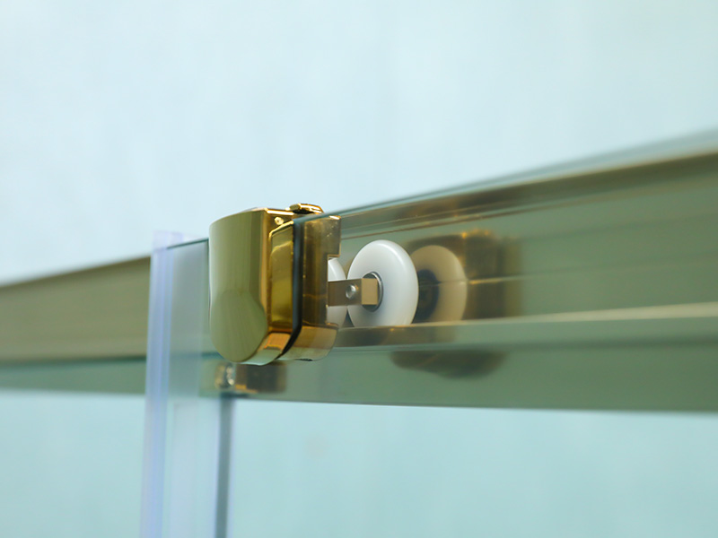 Penutup Pancuran Geser Persegi, Kaca Tempered Bening dengan Pencetakan, Profil Aluminium Emas, Pegangan Lubang Ganda, dengan Baki Penutup Pancuran Geser Persegi, Kaca Tempered Bening dengan Pencetakan, Profil Aluminium Emas, Pegangan Lubang Ganda, dengan Baki