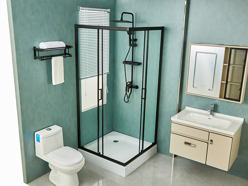 Penutup Pancuran Geser SQ, Kaca Tempered Bening, Profil Aluminium Hitam, Pegangan Lubang Ganda, Dengan Baki Penutup Pancuran Geser SQ, Kaca Tempered Bening, Profil Aluminium Hitam, Pegangan Lubang Ganda, Dengan Baki