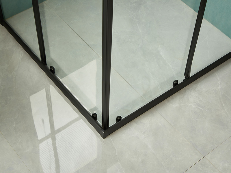 Penutup Pancuran Geser SQ, Kaca Tempered Bening, Profil Aluminium Hitam, Pegangan Lubang Ganda, Dengan Baki Penutup Pancuran Geser SQ, Kaca Tempered Bening, Profil Aluminium Hitam, Pegangan Lubang Ganda, Dengan Baki