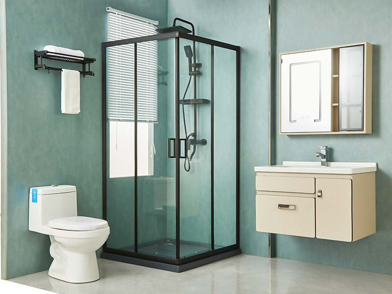 Penutup Pancuran Geser SQ, Kaca Tempered Bening, Profil Aluminium Hitam, Pegangan Lubang Ganda, Dengan Baki Penutup Pancuran Geser SQ, Kaca Tempered Bening, Profil Aluminium Hitam, Pegangan Lubang Ganda, Dengan Baki