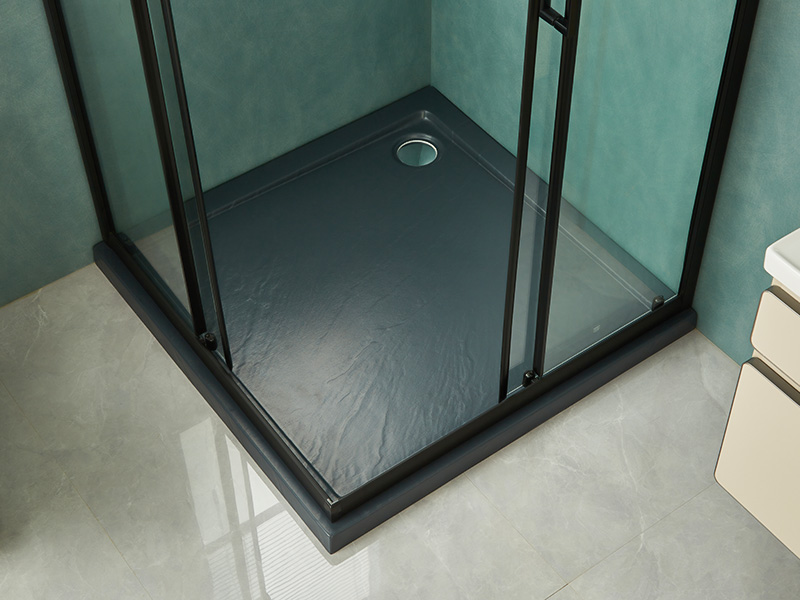 Penutup Pancuran Geser SQ, Kaca Tempered Bening, Profil Aluminium Hitam, Pegangan Lubang Ganda, Dengan Baki Penutup Pancuran Geser SQ, Kaca Tempered Bening, Profil Aluminium Hitam, Pegangan Lubang Ganda, Dengan Baki