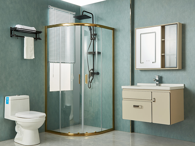 Penutup Pancuran Geser SE, Kaca Tempered Bening, Profil Aluminium Emas, Pegangan Lubang Ganda, Tanpa Baki Penutup Pancuran Geser SE, Kaca Tempered Bening, Profil Aluminium Emas, Pegangan Lubang Ganda, Tanpa Baki