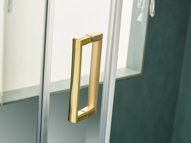 Penutup Pancuran Geser SE, Kaca Tempered Bening, Profil Aluminium Emas, Pegangan Lubang Ganda, Tanpa Baki Penutup Pancuran Geser SE, Kaca Tempered Bening, Profil Aluminium Emas, Pegangan Lubang Ganda, Tanpa Baki