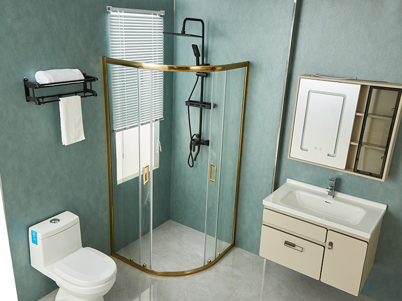 Penutup Pancuran Geser SE, Kaca Tempered Bening, Profil Aluminium Emas, Pegangan Lubang Ganda, Tanpa Baki Penutup Pancuran Geser SE, Kaca Tempered Bening, Profil Aluminium Emas, Pegangan Lubang Ganda, Tanpa Baki