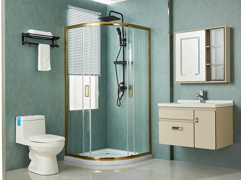 Penutup Pancuran Geser SE, Kaca Tempered Bening, Profil Aluminium Emas, Pegangan Lubang Ganda, Tanpa Baki Penutup Pancuran Geser SE, Kaca Tempered Bening, Profil Aluminium Emas, Pegangan Lubang Ganda, Tanpa Baki