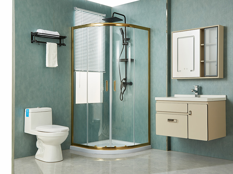 Penutup Pancuran Geser SE, Kaca Tempered Bening, Profil Aluminium Emas, Pegangan Lubang Ganda, Tanpa Baki Penutup Pancuran Geser SE, Kaca Tempered Bening, Profil Aluminium Emas, Pegangan Lubang Ganda, Tanpa Baki