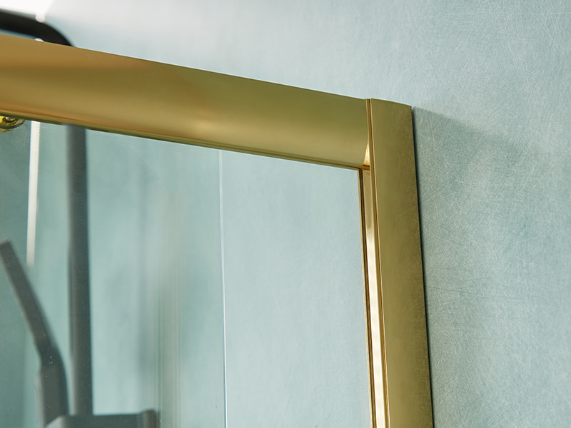 Penutup Pancuran Geser SE, Kaca Tempered Bening, Profil Aluminium Emas, Pegangan Lubang Ganda, Tanpa Baki Penutup Pancuran Geser SE, Kaca Tempered Bening, Profil Aluminium Emas, Pegangan Lubang Ganda, Tanpa Baki