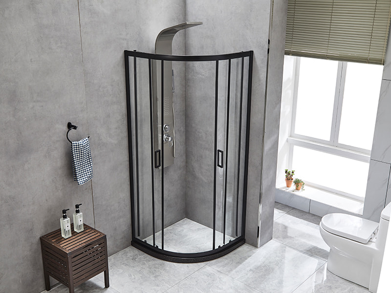 Penutup Pancuran Geser SE, Kaca Tempered Bening, Profil Aluminium Hitam, Pegangan Lubang Ganda, Tanpa Baki Penutup Pancuran Geser SE, Kaca Tempered Bening, Profil Aluminium Hitam, Pegangan Lubang Ganda, Tanpa Baki