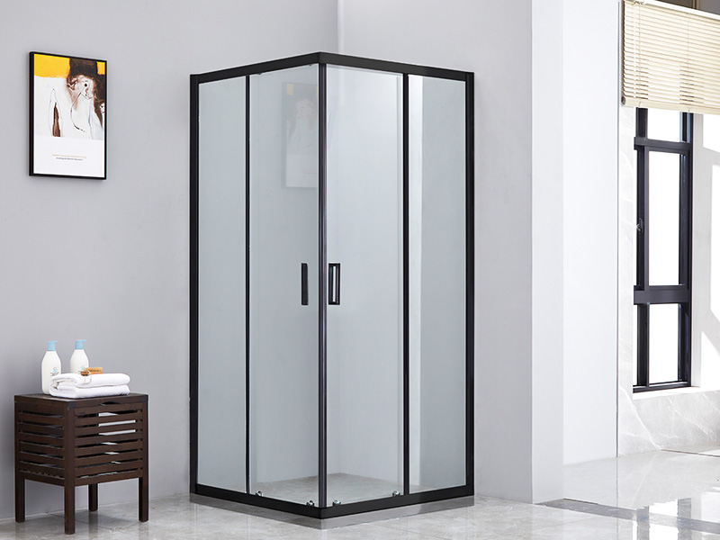 Penutup Pancuran Geser SQ, Kaca Tempered Bening, Profil Aluminium Hitam, Pegangan Lubang Ganda, Tanpa Baki