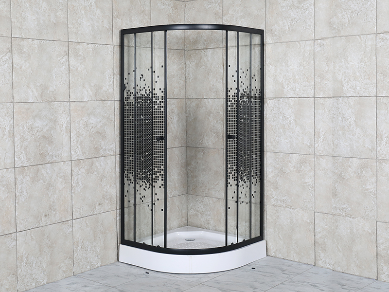 Penutup Shower Geser SE, Kaca Tempered Bening Dengan Cetakan Mosaik, Aluminium Cat Hitam, Pegangan Lubang Ganda, Dengan Baki Penutup Shower Geser SE, Kaca Tempered Bening Dengan Cetakan Mosaik, Aluminium Cat Hitam, Pegangan Lubang Ganda, Dengan Baki