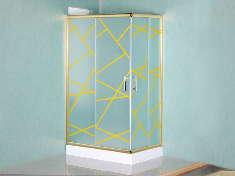 RE Sliding Shower Enclosusre, Kaca Tempered Matt Dengan Pencetakan, Profil Aluminium Emas, Pegangan Lubang Ganda, Dengan Baki