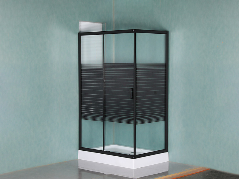 RE Sliding Shower Enclosure, Kaca Tempered Bening Dengan Pencetakan, Profil Aluminium Hitam, Pegangan Lubang Ganda, Dengan Baki